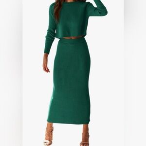Green Ribbed Knit Skirt and crop top